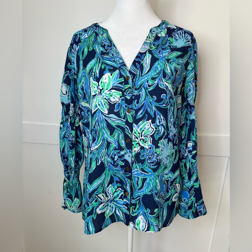 Lilly Pulitzer Womens Maritza Floral Button Down Blouse High Tide Navy XS Blue